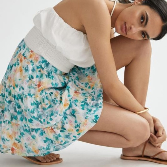 Anthropologie Cloth & Stone Green White Floral A-Line Mini Tiered Skirt SZ Large - Picture 6 of 9